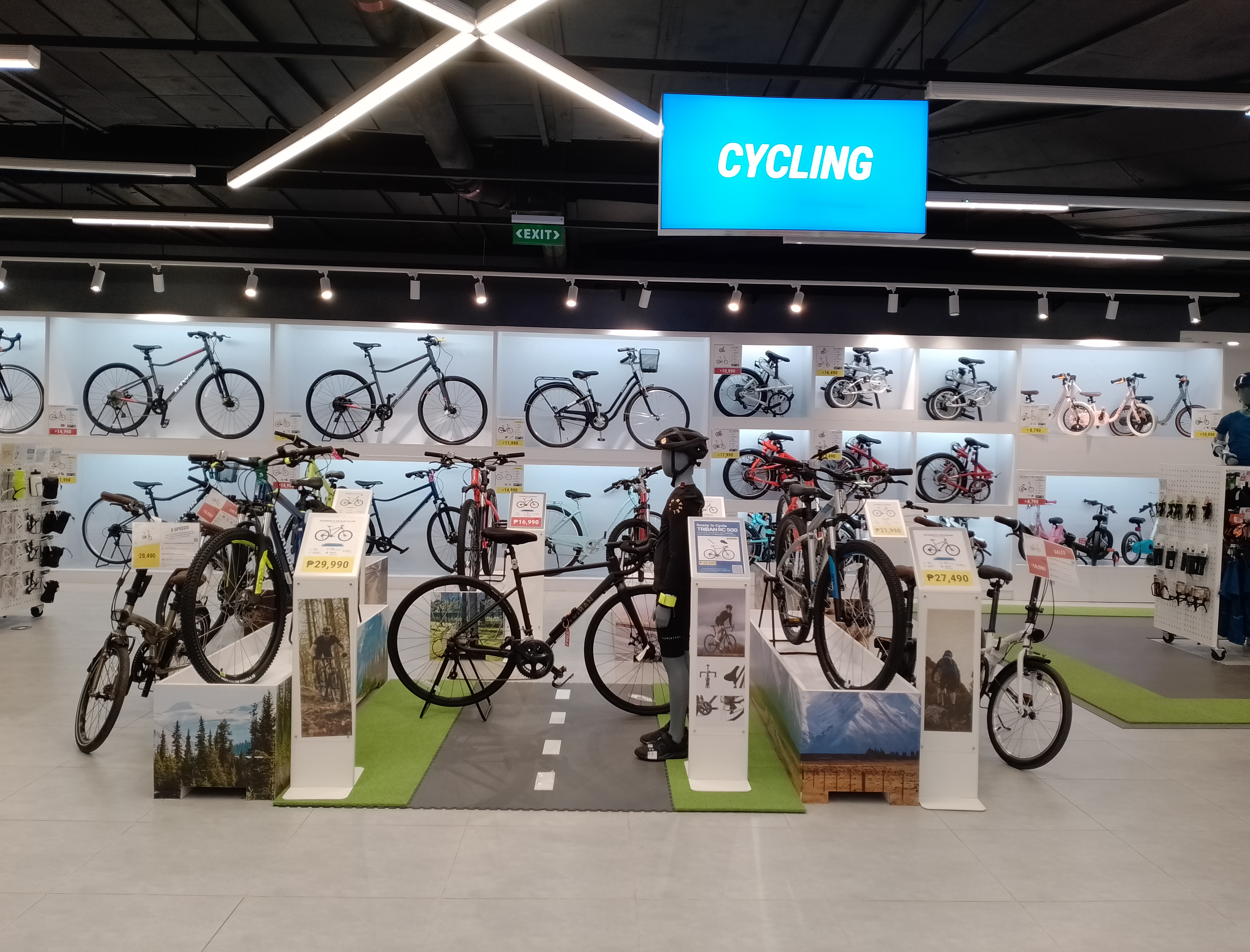 Assembled bicycles displayed in a sporting goods store